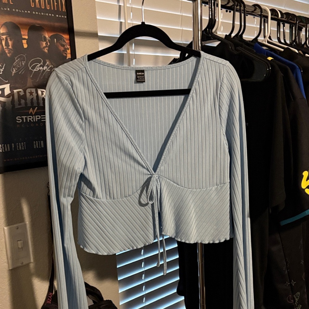 SHEIN Light Blue Ribbed Tie-Front Blouse
